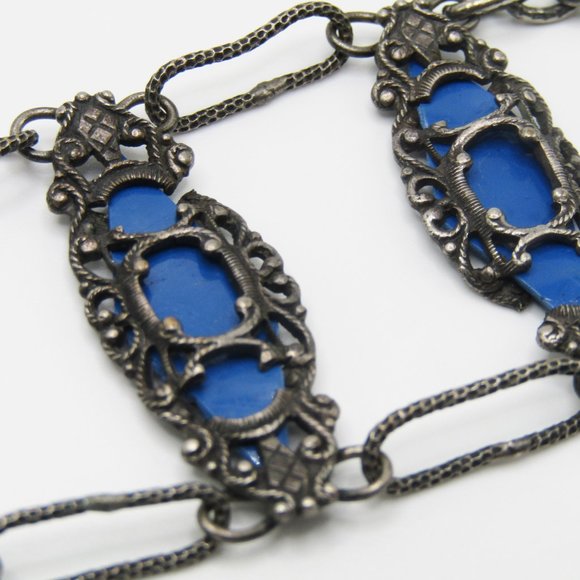 Vintage Metal Belt Filigree Chain Silver Blue OOAK Boho Hippie Ethnic - Picture 3 of 9